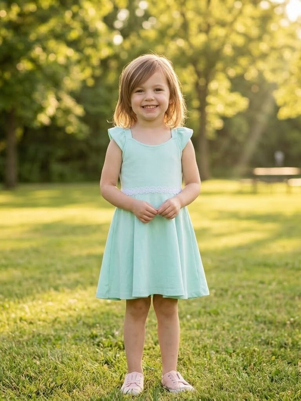 [Janie and Jack] Girls Mint/Turquoise/Light Blue Lace-Trim Dress w/ Bow - Size 6
